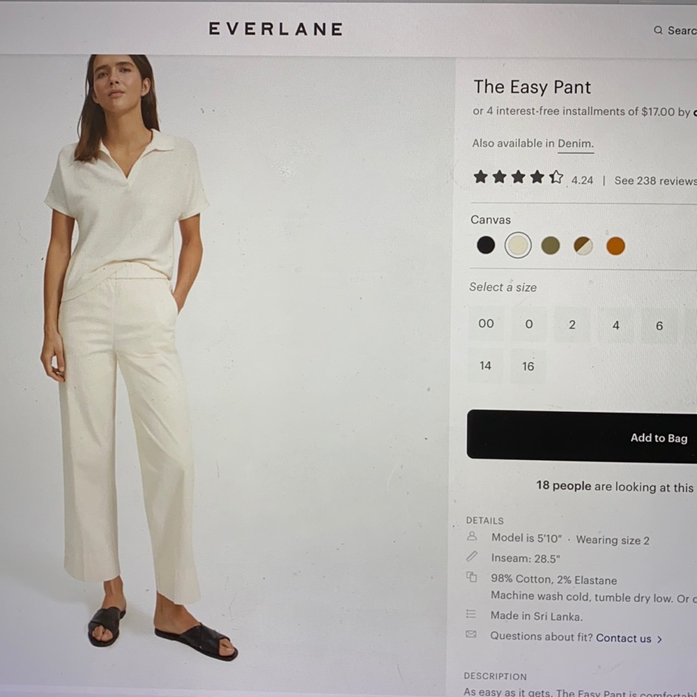 Everlane easy pant size 2 canvas color